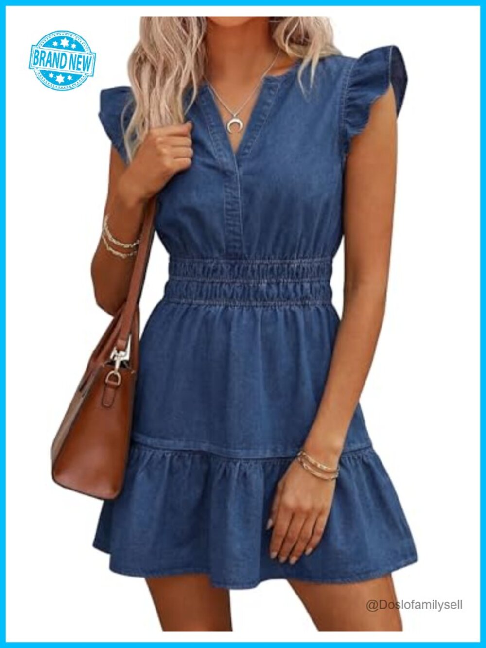 Ruffle Sleeve Denim Dress A-Line Mini V-Neck with Pockets